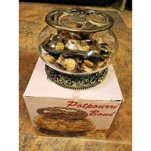 Vintage Glass Potpourri Holder-‎ Filigree Antique Brass Base & Lid Hummingbird